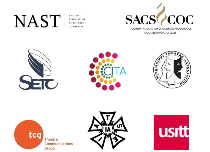 Logos of: National Association of Schools of Theatre, Southern Association of Colleges and Schools Commission on Colleges, SETC, CITA, Mississippi Theatre Association, Theatre Communications Group, TSEIA, and USITT.